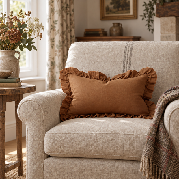 Hallie Rust Brown Frilled Rectangle Linen Blend Cushion Cover — styled view 2