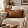 Rust brown linen blend cushion cover with frilled edges, rectangular shape, from Ellenvale Trade's Hallie collection.