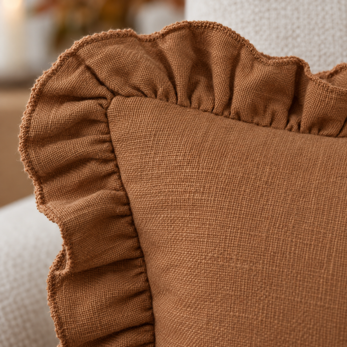 Rust brown linen blend cushion cover with frilled edges and rectangular shape from Ellenvale Trade's Hallie collection.