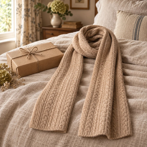 Oatmeal cable knit scarf styled with a kraft gift box in a country bedroom