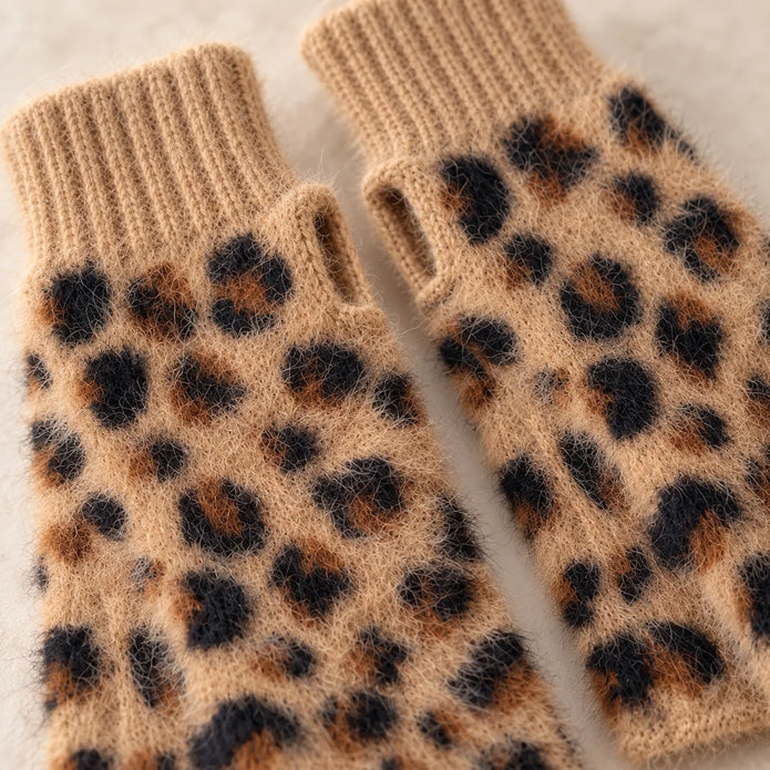 Tan leopard fluffy knit fingerless gloves from Jess & Lou, cozy accessories with a stylish leopard print and soft texture.