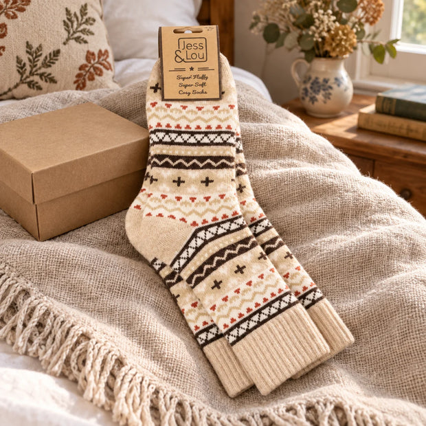 Beige Nordic cosy socks styled on an oatmeal throw with kraft gift box