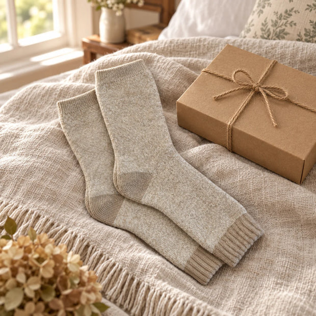 Oatmeal marl cosy socks styled beside a kraft gift box