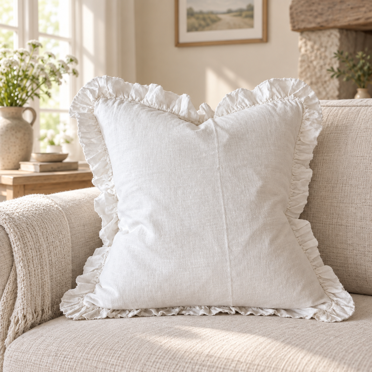 Hallie White Neutral Square Luxury Linen Ruffled Edge Cushion Cover — styled view 1