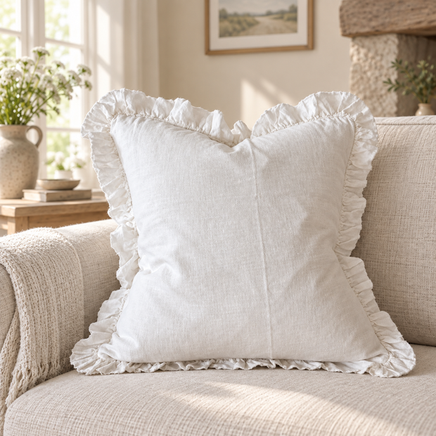 Hallie White Neutral Square Luxury Linen Ruffled Edge Cushion Cover — styled view 1