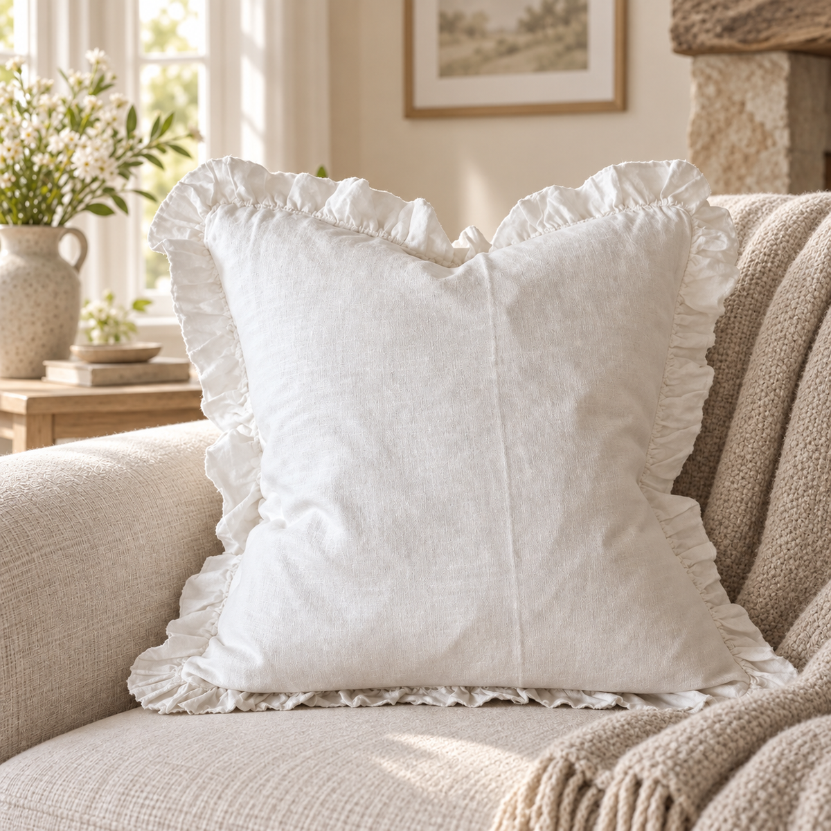 Hallie White Neutral Square Luxury Linen Ruffled Edge Cushion Cover — styled view 3