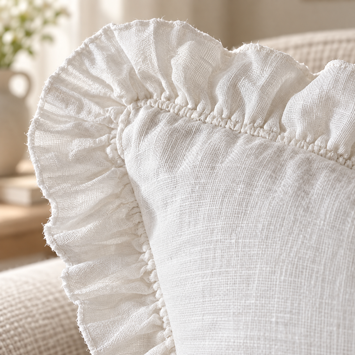 Hallie White Neutral Square Luxury Linen Ruffled Edge Cushion Cover — fabric detail 1