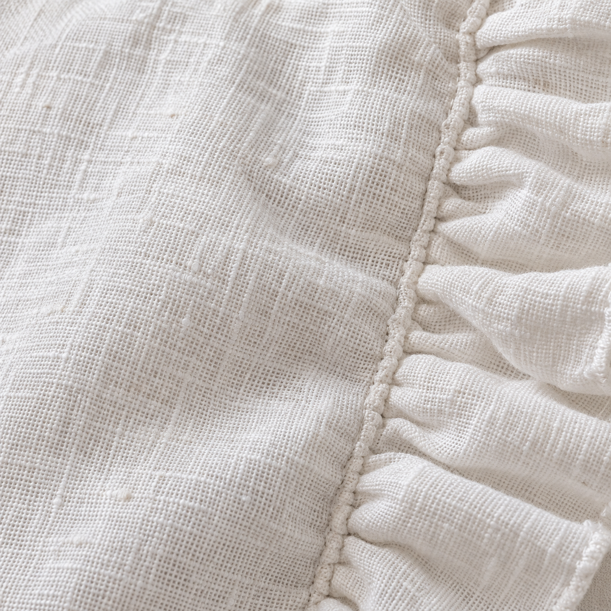 Hallie White Neutral Square Luxury Linen Ruffled Edge Cushion Cover — fabric detail 2