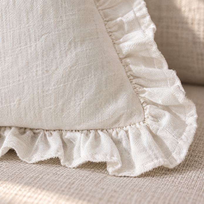 Hallie White Neutral Square Luxury Linen Ruffled Edge Cushion Cover — fabric detail 3