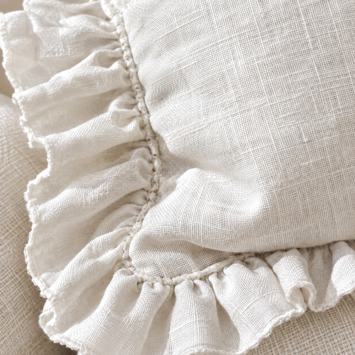 Hallie White Neutral Square Luxury Linen Ruffled Edge Cushion Cover — fabric detail 4
