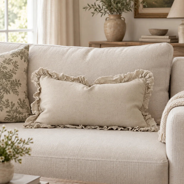 Hallie Cream Luxury Linen Ruffled Edge Cushion Cover — styled view 1