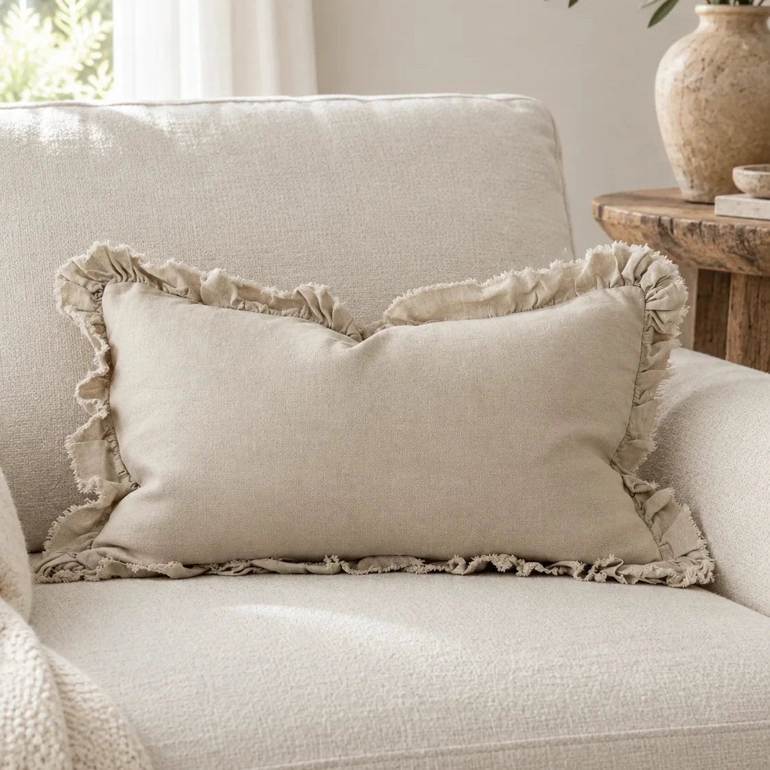 Hallie Cream Luxury Linen Ruffled Edge Cushion Cover — styled view 2