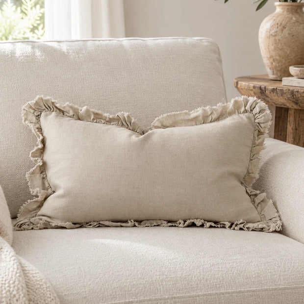 Hallie Cream Luxury Linen Ruffled Edge Cushion Cover — styled view 2