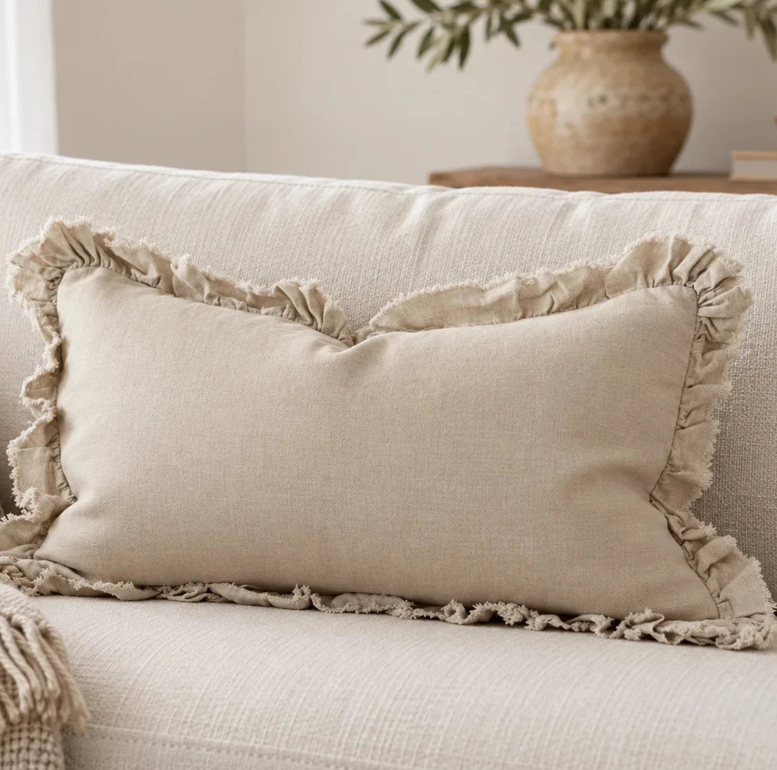 Hallie Cream Luxury Linen Ruffled Edge Cushion Cover — styled view 3