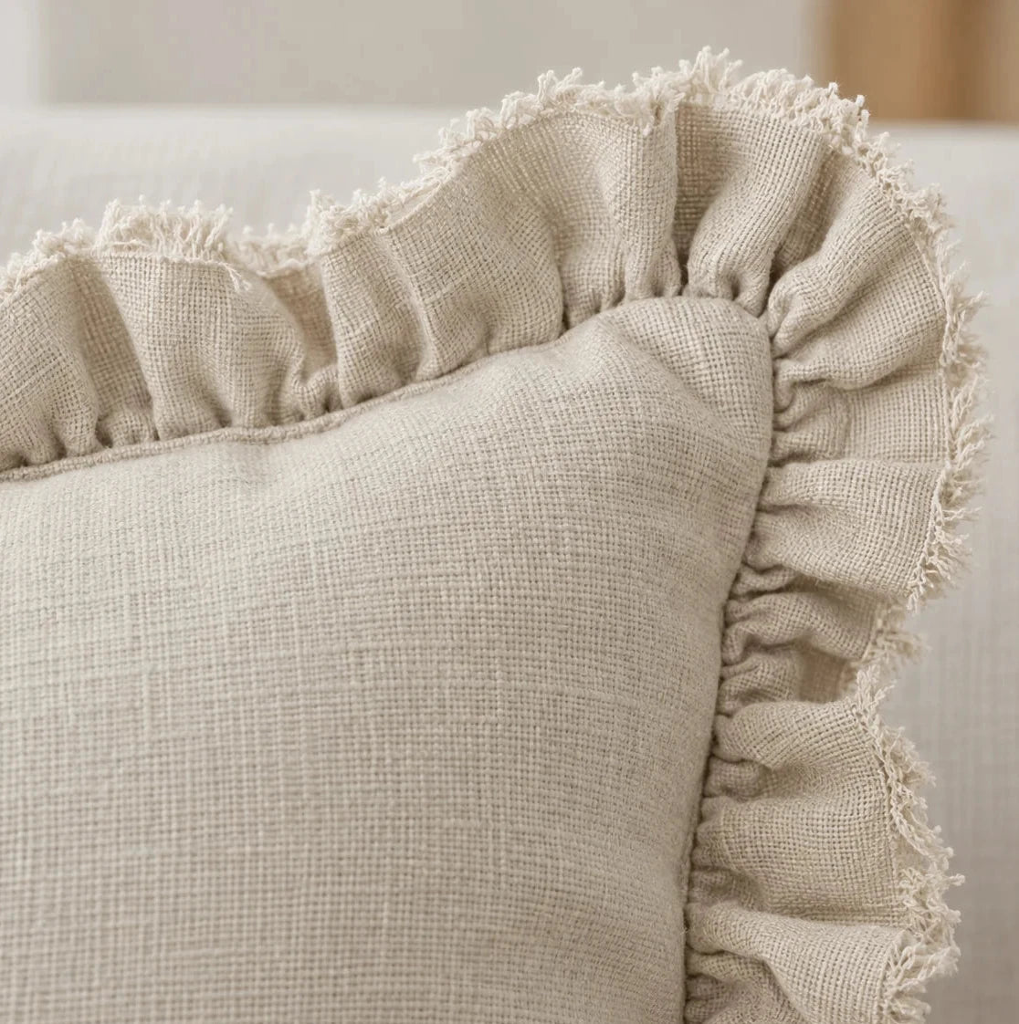 Hallie Cream Luxury Linen Ruffled Edge Cushion Cover — fabric detail 1