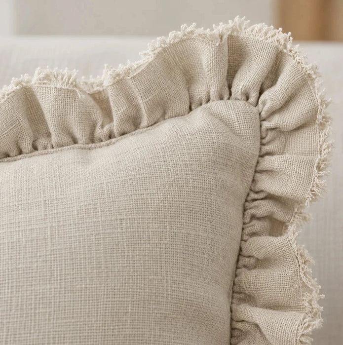 Hallie Cream Luxury Linen Ruffled Edge Cushion Cover — fabric detail 1