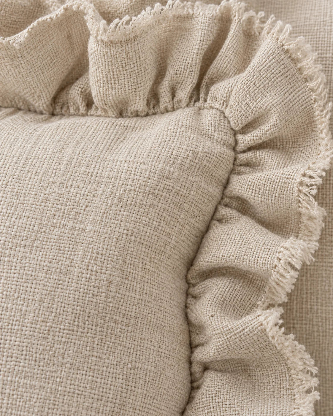 Hallie Cream Luxury Linen Ruffled Edge Cushion Cover — fabric detail 2