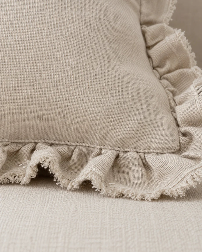 Hallie Cream Luxury Linen Ruffled Edge Cushion Cover — fabric detail 3