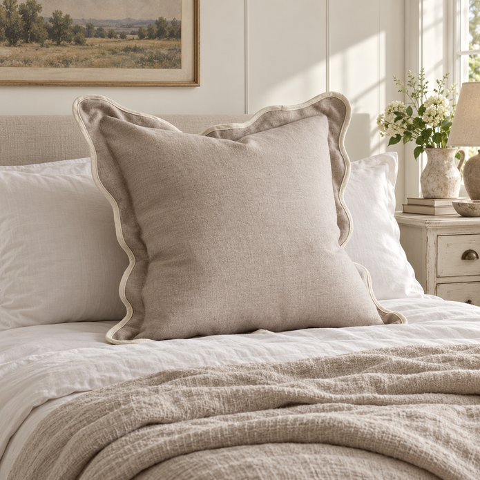 Chloe beige and cream 65 × 65 cm extra large bed cushion cover – styled on a bed, view 1