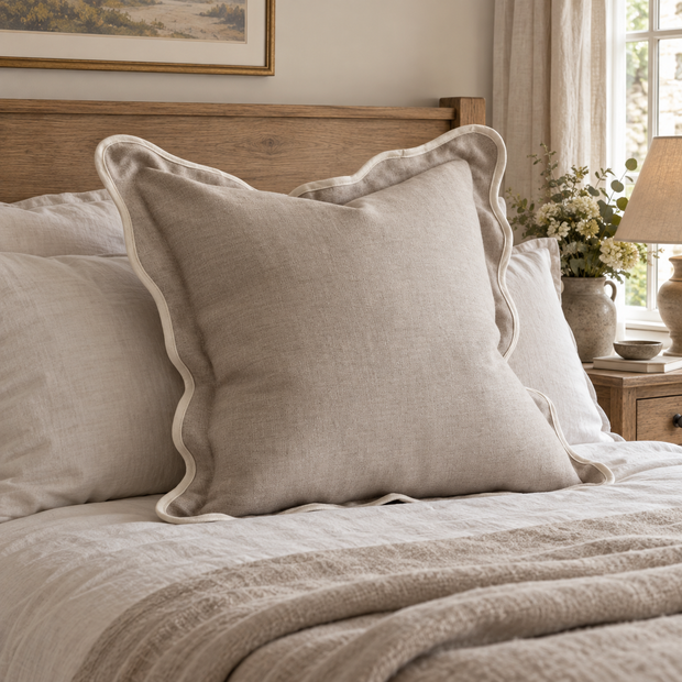 Chloe beige and cream 65 × 65 cm extra large bed cushion cover – styled on a bed, view 2