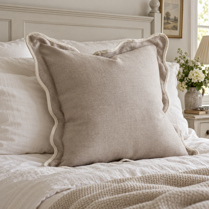 Chloe beige and cream 65 × 65 cm extra large bed cushion cover – styled on a bed, view 3