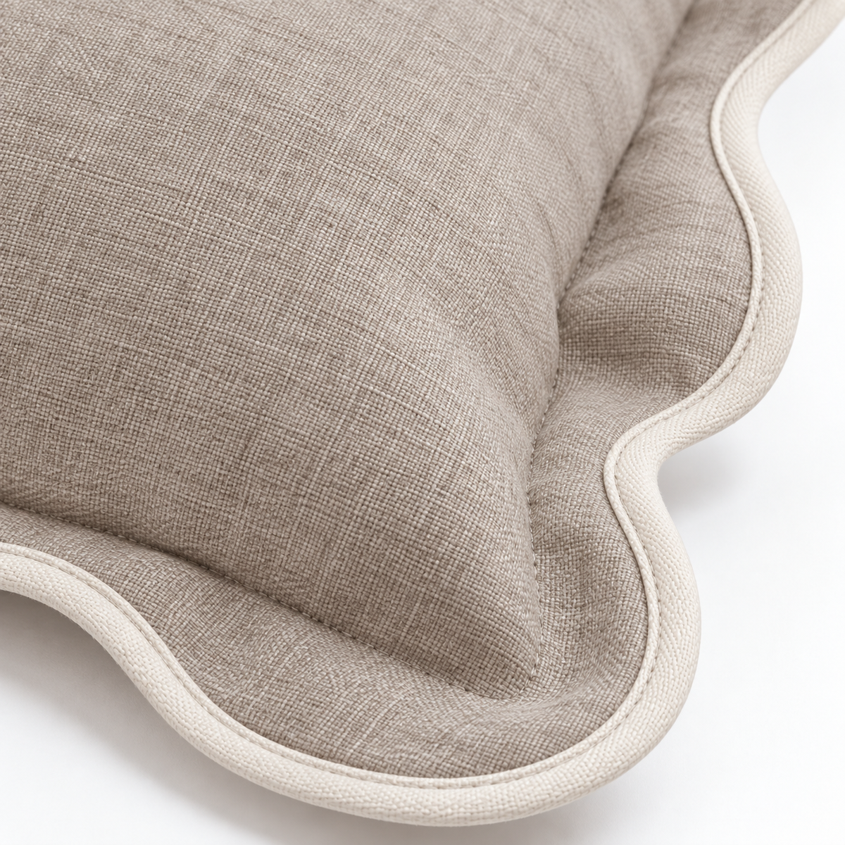 Chloe beige and cream 65 × 65 cm extra large bed cushion cover – fabric and scalloped trim close-up 4