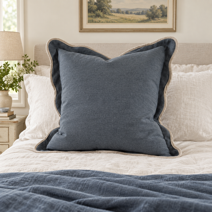 Chloe blue extra large 65 × 65 cm square bed cushion cover – styled upright against pillows on a king bed