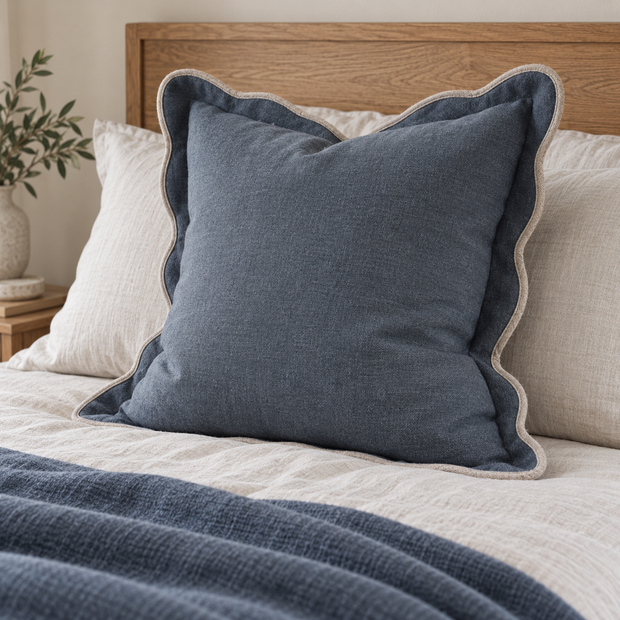 Chloe blue extra large 65 × 65 cm square bed cushion cover – styled on a double bed