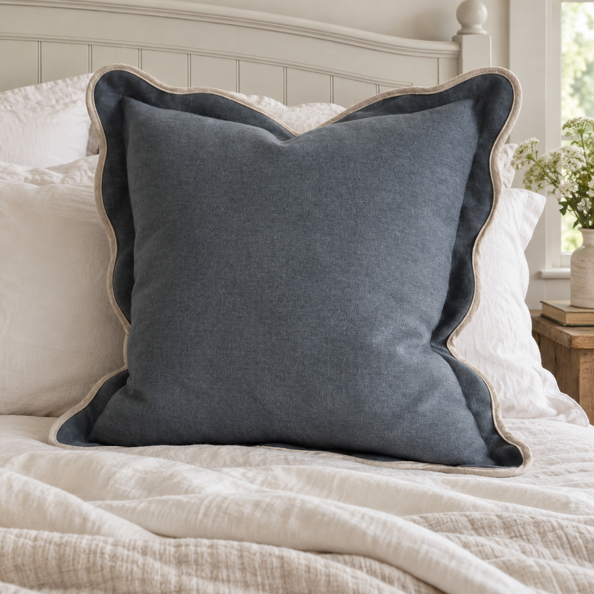 Chloe blue extra large 65 × 65 cm square bed cushion cover – styled against a painted bed headboard