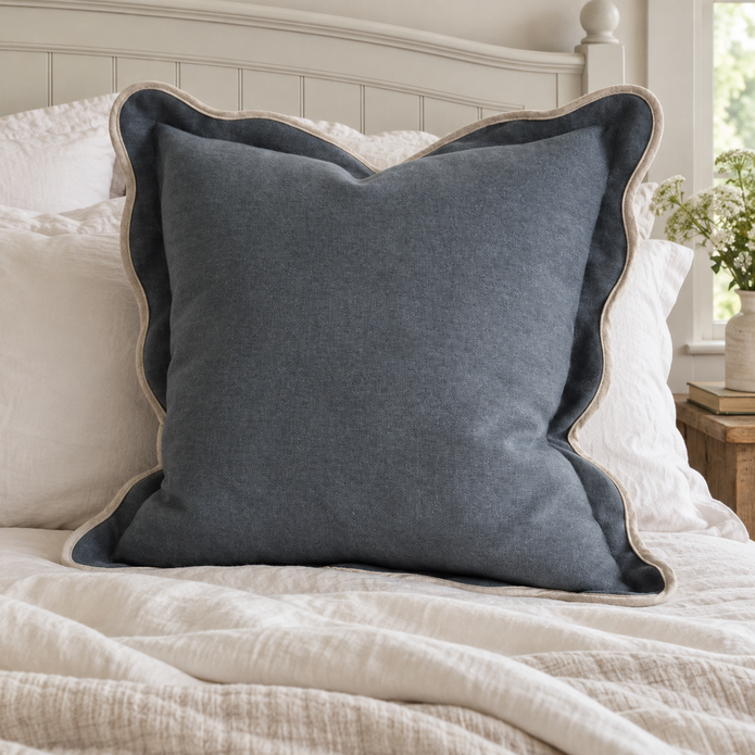 Chloe blue extra large 65 × 65 cm square bed cushion cover – styled against a painted bed headboard