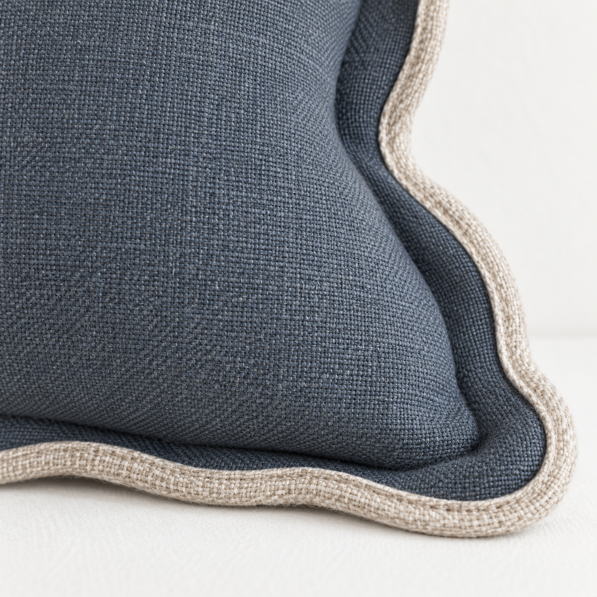 Chloe blue extra large 65 × 65 cm square bed cushion cover – lower scalloped edge stitching close-up