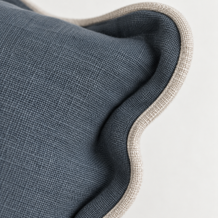 Chloe blue extra large 65 × 65 cm square bed cushion cover – side flange and oatmeal trim close-up