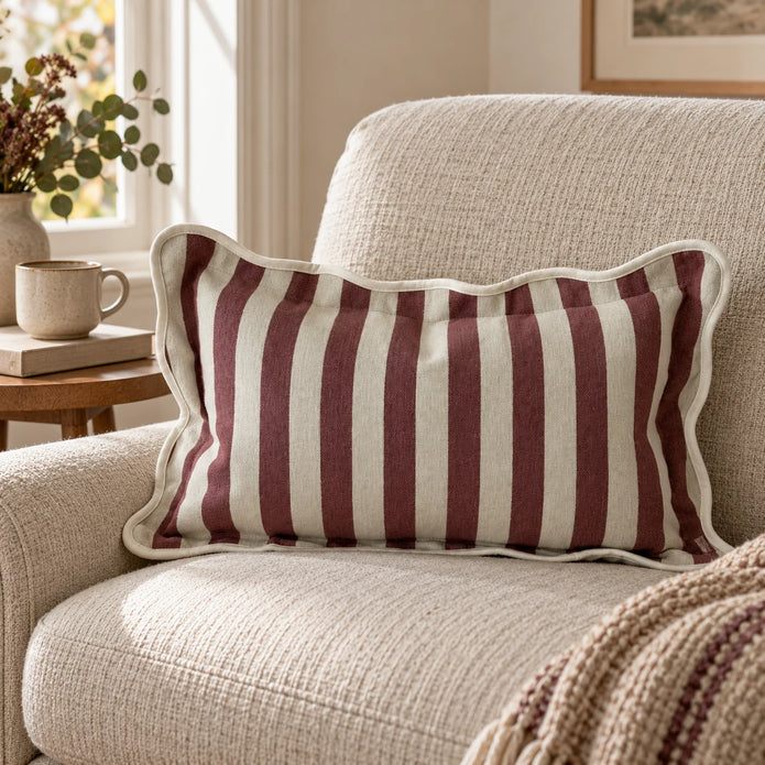 Ellenvale Chloe burgundy rectangular scalloped cushion cover displayed on an armchair