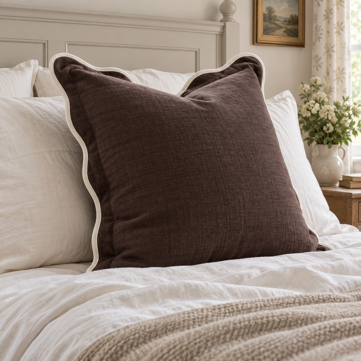 Chloe chocolate brown 65 × 65 cm extra large bed cushion cover – styled on a bed, view 3
