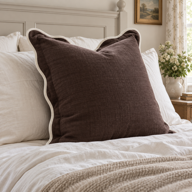 Chloe chocolate brown 65 × 65 cm extra large bed cushion cover – styled on a bed, view 3