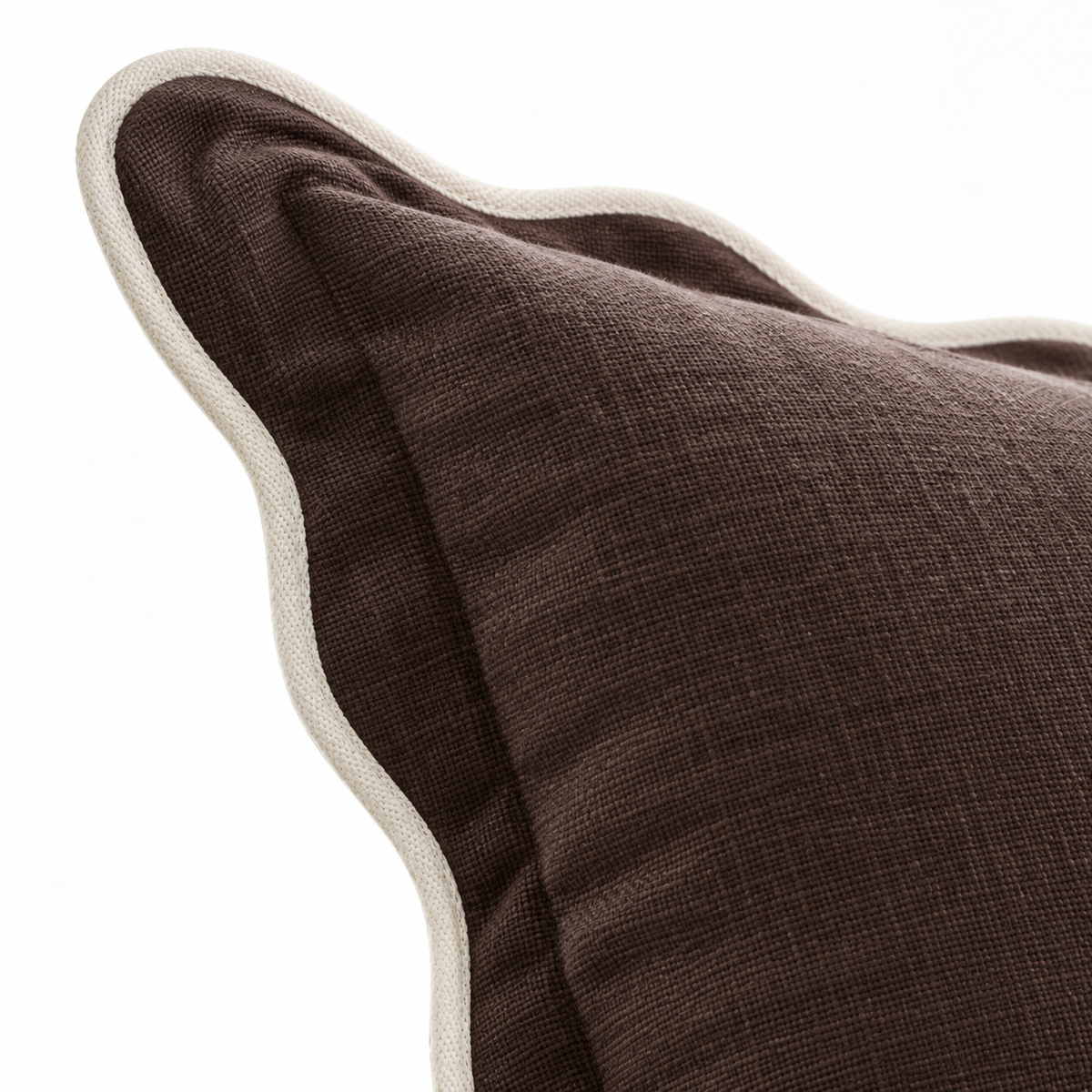 Chloe chocolate brown 65 × 65 cm extra large bed cushion cover – fabric and cream scalloped trim close-up 1