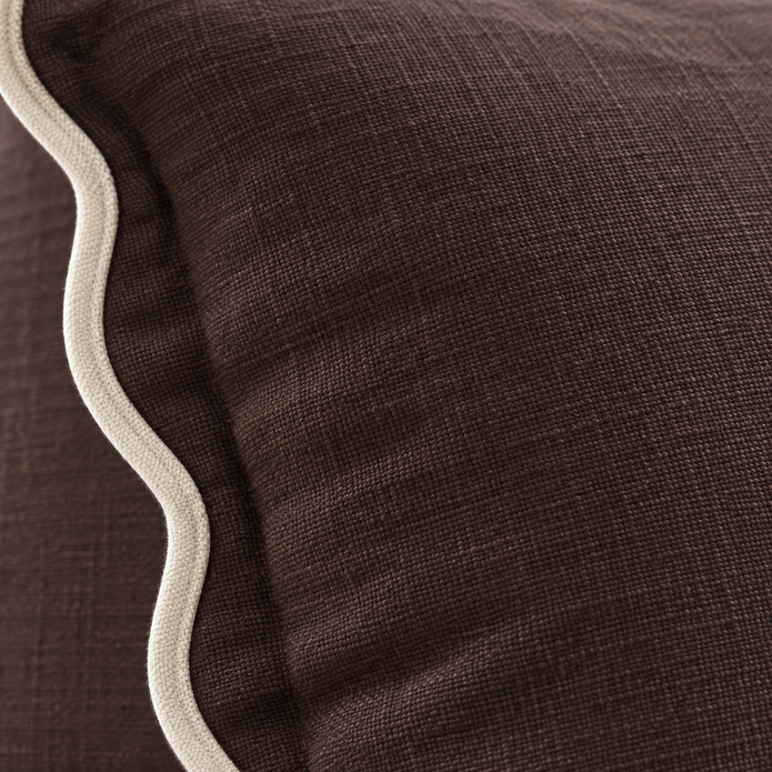 Chloe chocolate brown 65 × 65 cm extra large bed cushion cover – fabric and cream scalloped trim close-up 2
