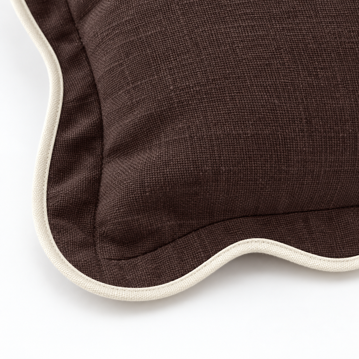 Chloe chocolate brown 65 × 65 cm extra large bed cushion cover – fabric and cream scalloped trim close-up 3