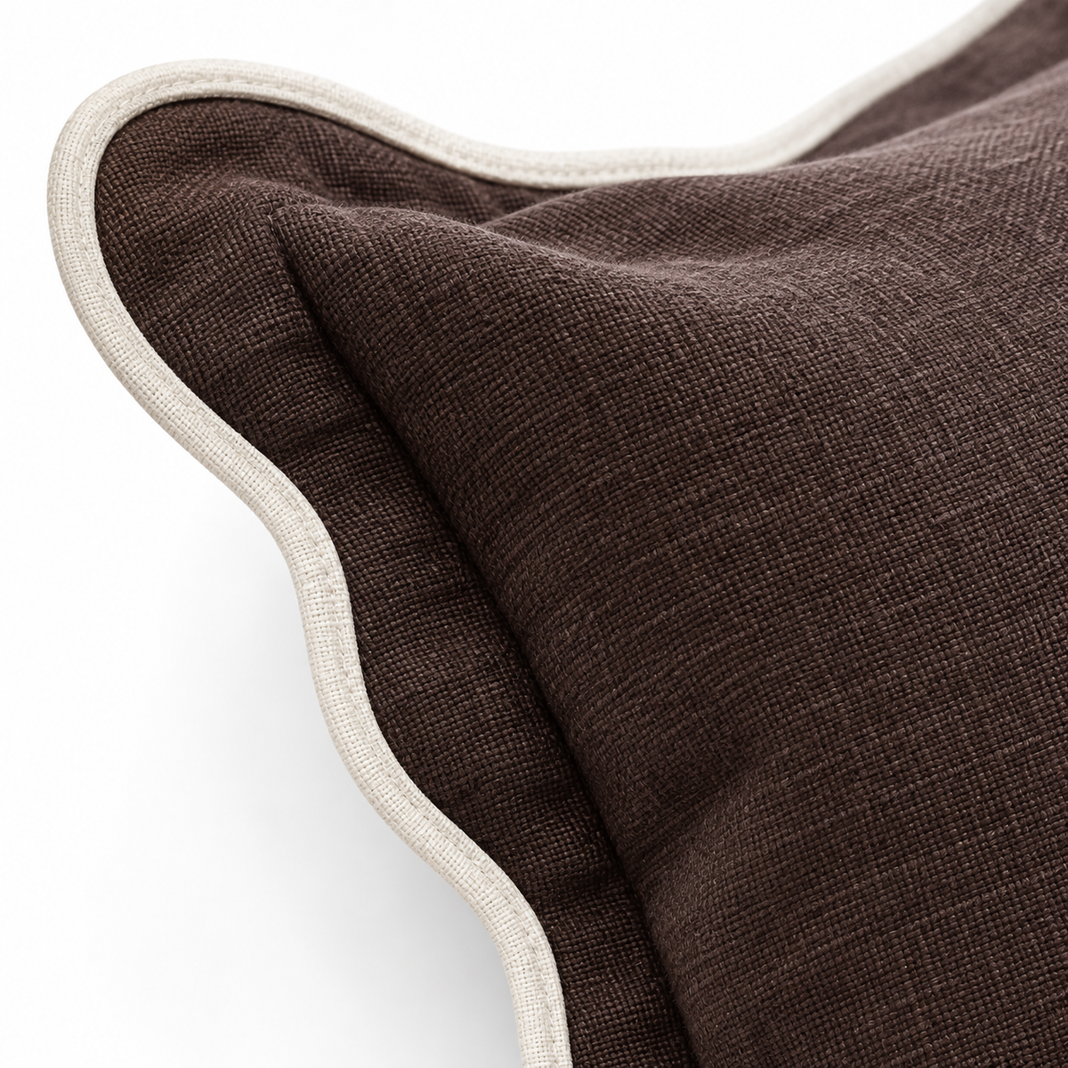 Chloe chocolate brown 65 × 65 cm extra large bed cushion cover – fabric and cream scalloped trim close-up 4
