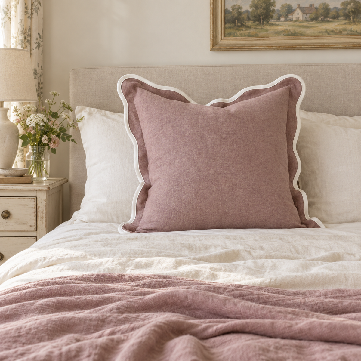 Chloe dusty pink 65 × 65 cm extra large bed cushion cover – styled on a bed, view 1