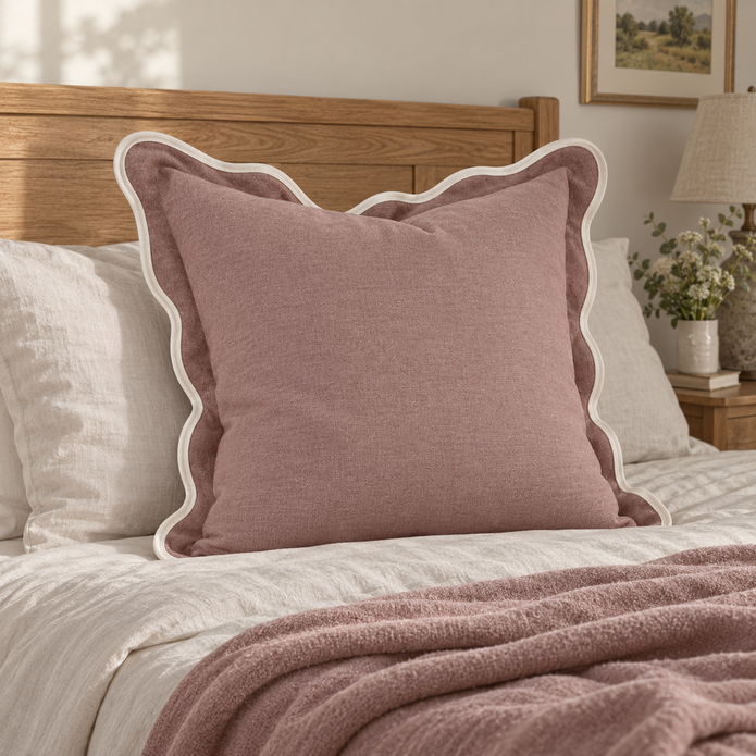 Chloe dusty pink 65 × 65 cm extra large bed cushion cover – styled on a bed, view 2