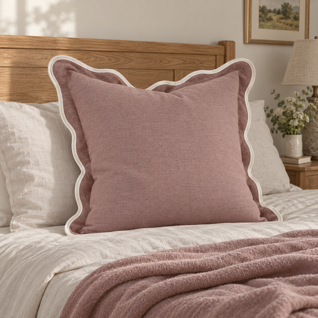 Chloe dusty pink 65 × 65 cm extra large bed cushion cover – styled on a bed, view 2