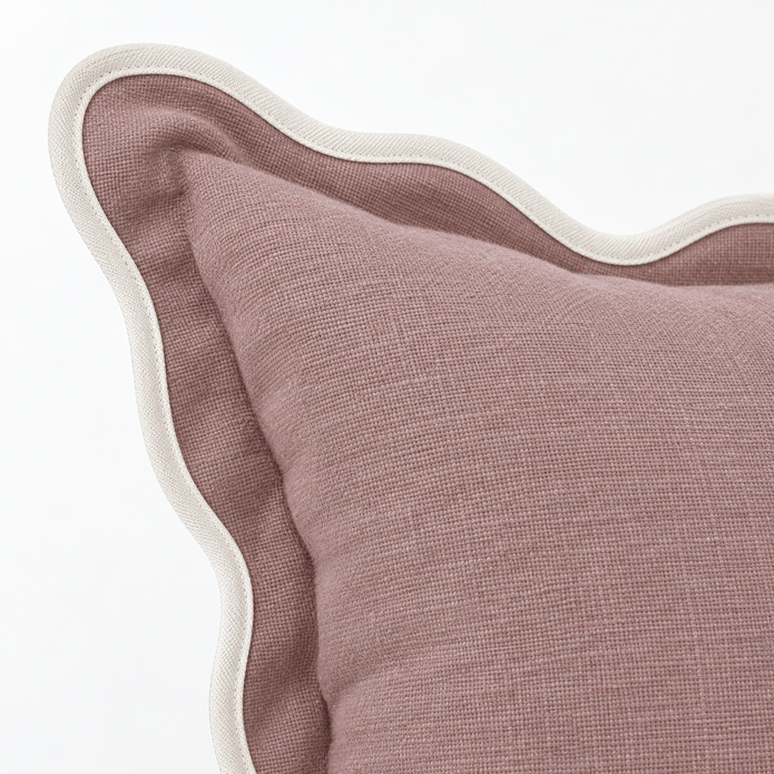 Chloe dusty pink 65 × 65 cm extra large bed cushion cover – fabric and ivory scalloped trim close-up 1