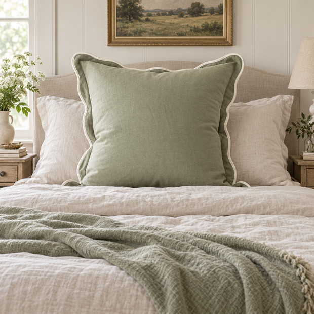 Chloe sage green 65 × 65 cm extra large bed cushion cover – styled on a bed, view 1