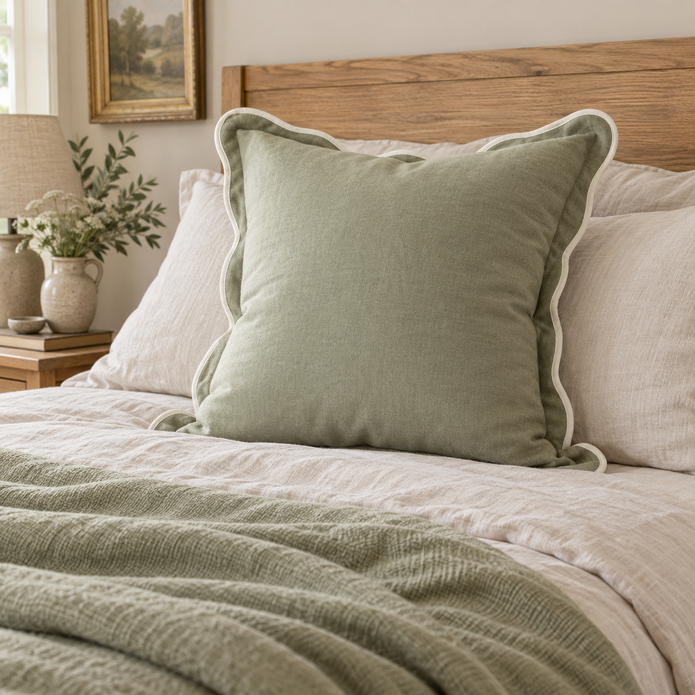 Chloe sage green 65 × 65 cm extra large bed cushion cover – styled on a bed, view 2