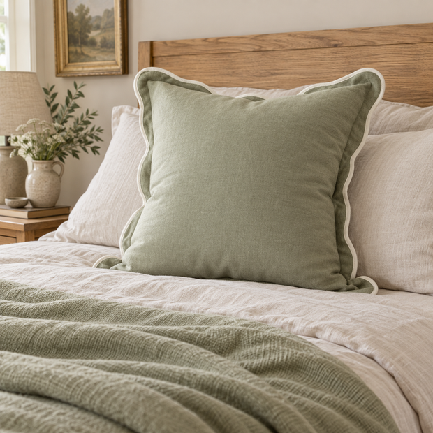 Chloe sage green 65 × 65 cm extra large bed cushion cover – styled on a bed, view 2