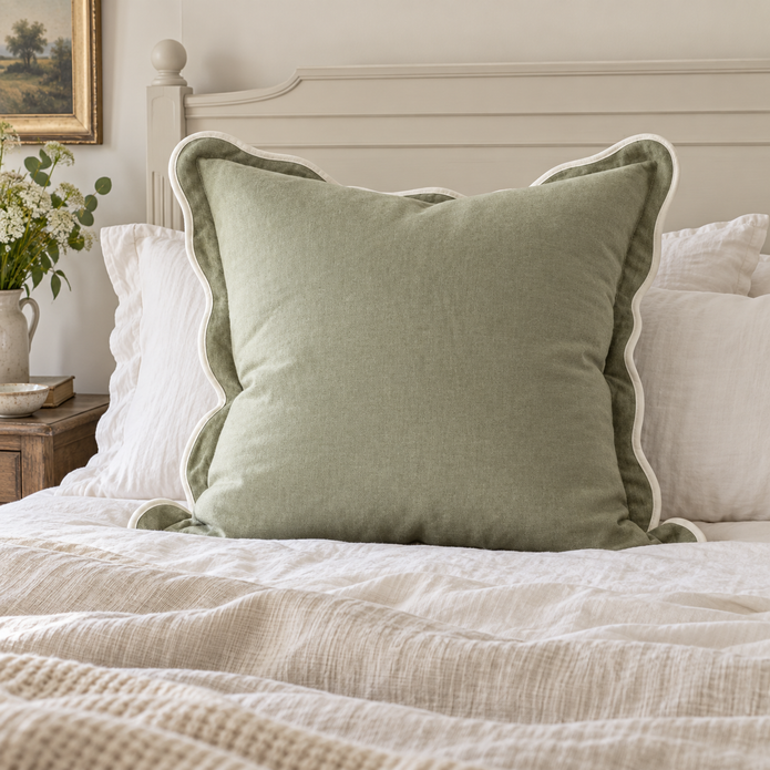 Chloe sage green 65 × 65 cm extra large bed cushion cover – styled on a bed, view 3