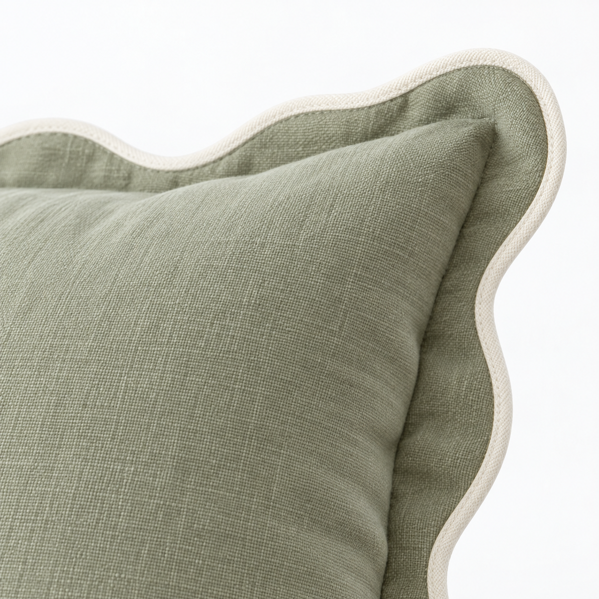 Chloe sage green 65 × 65 cm extra large bed cushion cover – fabric and cream scalloped trim close-up 1