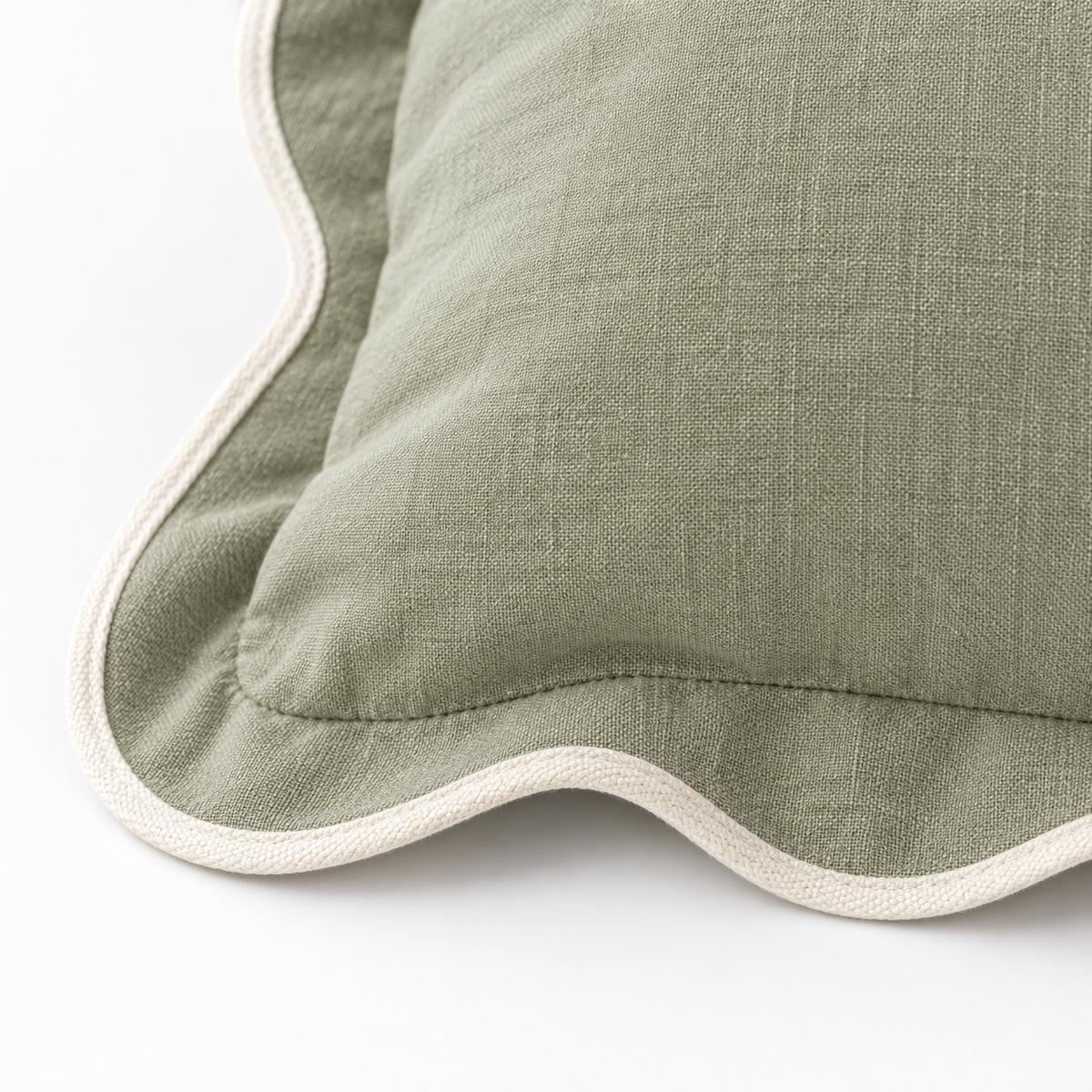 Chloe sage green 65 × 65 cm extra large bed cushion cover – fabric and cream scalloped trim close-up 3
