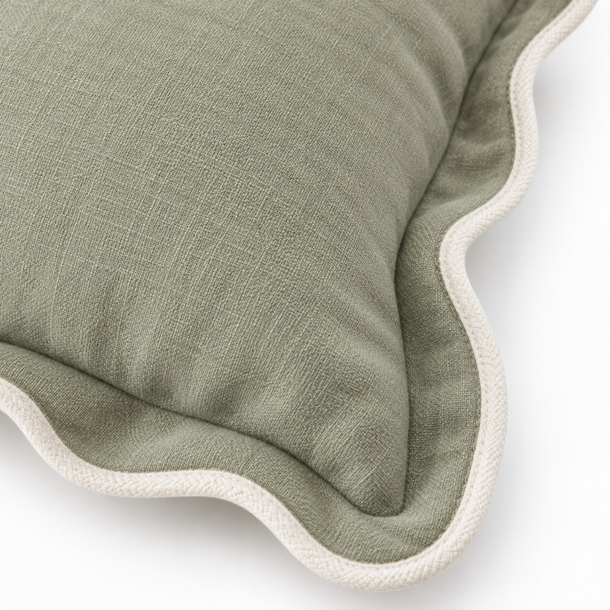 Chloe sage green 65 × 65 cm extra large bed cushion cover – fabric and cream scalloped trim close-up 4